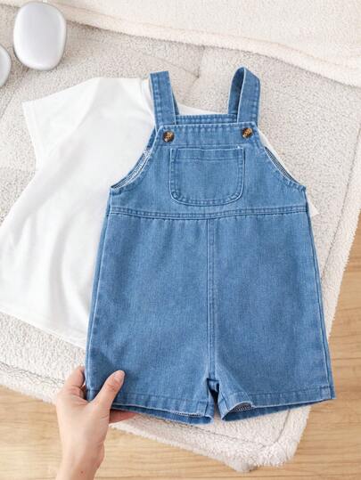 SHEIN Peto corto con bolsillos para bebés niños, cómodo y versátil, adecuado para primavera/verano