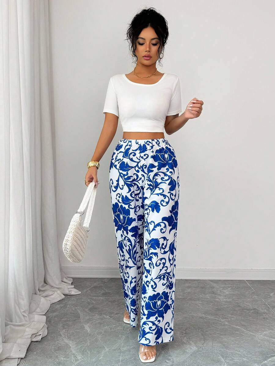 Elenzga Women's Elegant Commuter Floral Print Wide Leg Pants - Blue - View 1