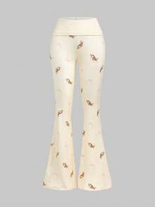 ROMWE J-Fashion Atasan Renda Bordir Motif Rusa Lucu Dipadukan dengan Celana Flare Motif Rusa, Musim Gugur/Dingin - Aprikot - View 5