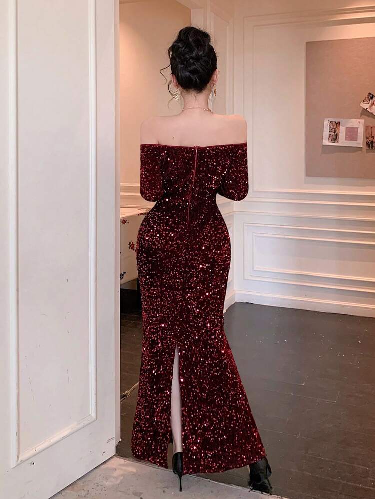 Women's Sequin Zipper Glamorous Off-Shoulder Long Sleeve Dress Sundress