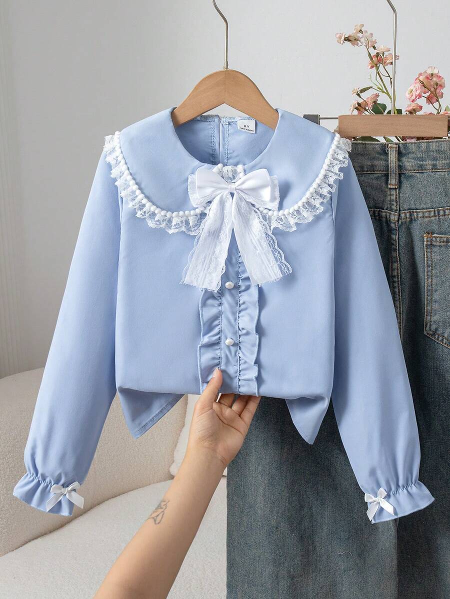 Elladie kids 少女时尚甜美蕾丝边蝴蝶结装饰上衣 - 藍色 - 查看 1