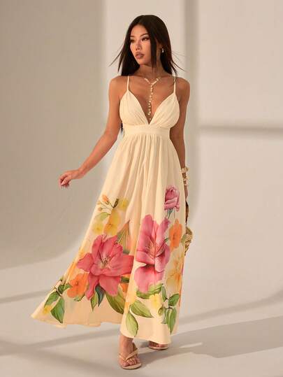 SHEIN PETITE Women's Floral Print Deep V Neck Backless Dress For Summer Vacation & Beach, Women Casual Dress, Women Birthday Outfit,Vacation Style,For Beach Vacation,Bohemian Clothes, Women Dresses Birthday Vacation Dress