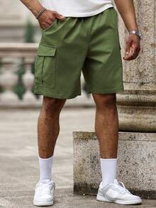 Manfinity Homme 夏季加大码男士休闲纯色工装短裤 - 軍綠色 - 查看 3