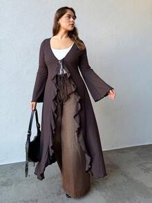 Nezia Cruz Blusa de punto con cuello en V, mangas de campana y detalle de lazo en la parte delantera, para mujer talla grande de la marca ICON - Marrón - Ver 1