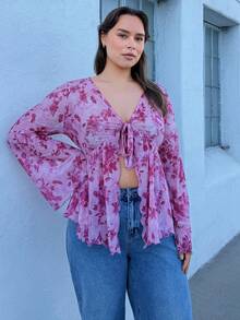 Nezia Cruz Plus Size Women Floral Print Knitted Mesh Cardigan With Cinched Waist And Bell Sleeve, Vacation Wear,Fall&Winter Women Clothes,Thanksgiving Women Clothes,Christmas Women Clothes,Holiday Shirts,New Year Eve  Clothes - Red - View 1