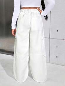 SHEIN Tween Girls Y2K Spring Summer Trending Solid Washed High Waist Flap Pocket Baggy Straight Leg Cargo Jeans,Girls Summer Clothes Back To School Streetwear Outfits,Beach Boho Concert Wide Leg Pants Rave Outfits Festival,Graduation Outfit - White - View 2