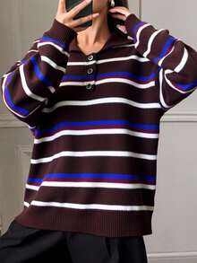 DAZY 女士条纹印花半拉链休闲长袖套头毛衣 - 棕色 - 查看 4
