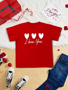 Manfinity Homme 1pc Men's Romantic Heart Graphic Short Sleeve T-Shirt, Couple Matching, Summer Couple Tshirt Couple Twinning Outfits - Red - View 2