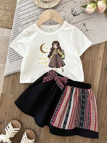 LMoss Kids 2件套女婴针织纯色可爱图案休闲圆领T恤和裙子套装 - 彩色 - 查看 4