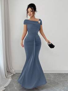 Modelyn Metallic Buckle Decor Ruched Fitted Elegant Long Dress For Women - Baby Blue - View 4
