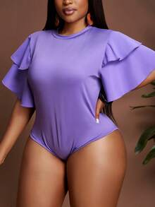 Slaydiva Plus Size Women's Casual Solid Color Layered Ruffle Splice Sleeve Bodysuit, Summer - Purple - View 3