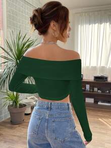Firerie Women's Solid Color Wrap Off Shoulder Elegant Long Sleeve Top - Dark Green - View 2