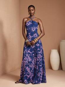 JIAN LASALA All-Over Floral Print Mesh Halter Neck Tie Backless Women Elegant Maxi Dress - Multicolor - View 3