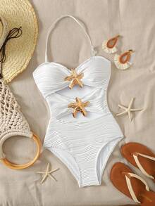 SHEIN 少女修身休闲露背海星装饰镂空连体泳衣