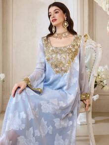 Al Najma Women's Elegant Round Neck Long Sleeve Arabic Style Dress - Dusty Blue - View 6