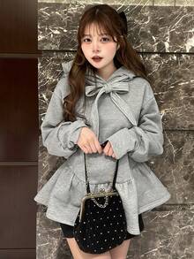 FRIFUL 女士宽松卫衣，荷叶边下摆，蝴蝶结领口装饰，灯笼袖，甜美风格