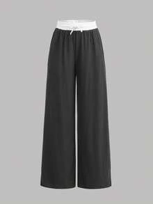 SHEIN Girlism 2件套少女春夏针织条纹撞色休闲修身基础款T恤和撞色腰部宽松口袋裤套装，少女休闲运动街头服饰，适合校园运动、返校、足球运动、户外舒适穿着。 - 深灰色 - 查看 9