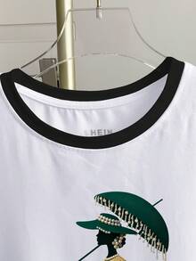 Resyla Women's Casual Everyday Commute Elegant Pearl Print Ringer Short Sleeve T-Shirt, Summer