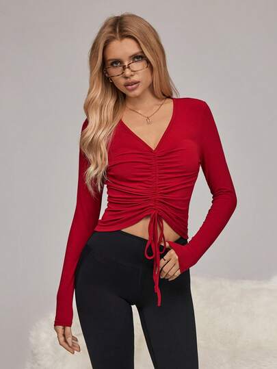 HautHeat Women's Casual Comfortable Pleated V-Neck Loungewear Top