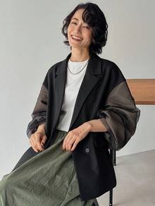 FRIFUL 女士翻领撞色网纱灯笼袖双排扣休闲西装外套