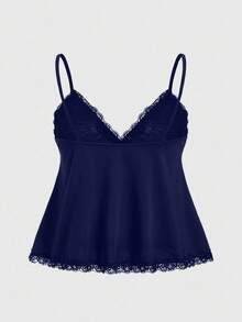 ROMWE Fairycore Summer Outfits Plus Size Elegant Solid Color Lace Trim Camisole - Navy Blue - View 2