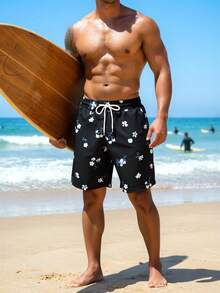 Manfinity Swimmode 男士印花抽绳腰带休闲沙滩短裤 - 黑色 - 查看 3