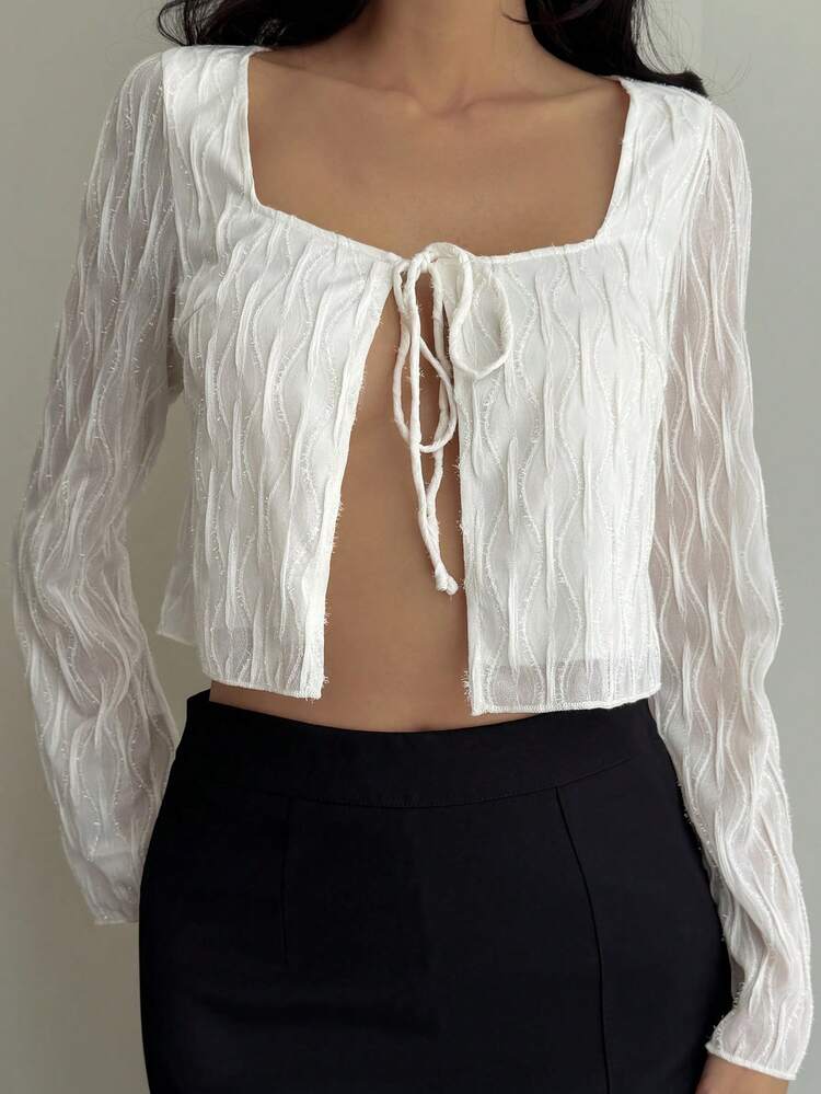 Spring & Summer Loose Casual Vacation Chic Street & Office Wear Design Floral Geometric Botanical Print Tie Front Cropped Cardigan Top For Women