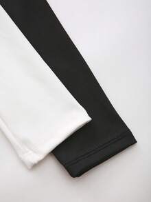 2pcs/Set Teen Girls' Black & White Leotards, Round Neck Dance Gymnastics Elastic Fitted Long Sleeve Bodysuit, Spring/Summer - Multicolor - View 6