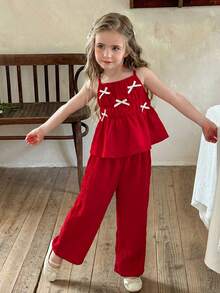 LMoss Kids 2 pièces Ensemble top camisole de couleur unie tressé et pantalon ample décontracté pour jeune fille