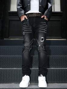 Manfinity Roughcore 男士黑色做旧拼接修身牛仔裤，街头风 - 黑色 - 查看 5