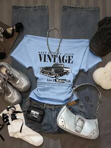 Attitoon 复古风休闲女式露肩褶皱紧身短袖T恤，饰有复古汽车和字母印花，适合夏季穿着 - 淺藍色 - 查看 6