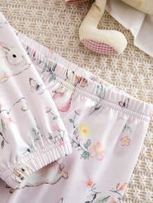 Babyflickor pyjamas - 2-delat pyjamasset Kanintryck Rosa Blommig Volang Axlar Rund Hals Långärmad Resår i Midjan Långa Byxor Tvådelat Nattplagg Bekvämt Lätt Hela Säsong Högtid 2026 Oumbärlig Gåva Barnrum Sovrum Lounge - Babyrosa - Visa 10