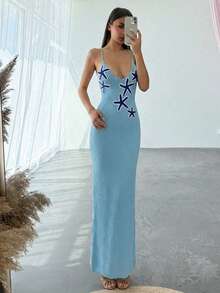 Aloruh Đầm slip hoa móc thủ công ôm sát dành cho nữ, thích hợp cho buổi hẹn hò lãng mạn và kỳ nghỉ biển, mùa xuân/hè. - Màu xanh lam - Xem 5