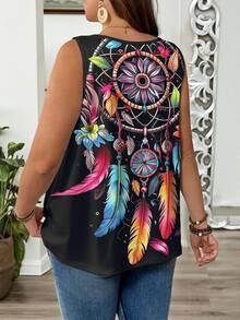 SHEIN LUNE 大码女装夏季无袖彩色羽毛印花圆领休闲宽松背心 夏季上衣 大码背心 波西米亚风背心 女式波西米亚风上衣 大码休闲上衣 女式夏季大码无袖上衣 大码背心 女式无袖上衣 女式波西米亚风上衣 - 彩色 - 查看 2