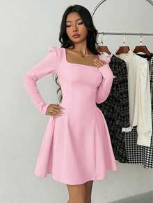Teen Girls Elegant Formal Blush Pink Dress,Autumn Graduation Square Neck Pleated A-Line Long Sleeve Puff Dress,Casual Fit And Flare Tea Party Gown - Pink - View 4
