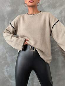 Women's Contrast Trim Round Neck Casual Versatile Long Sleeve Pullover Sweater - Beige - View 4