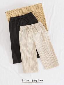 Cozy Pixies 2pcs Baby Girl Crinkle Texture Loose Wide Leg Pants, Straight Leg Trousers, Versatile Casual Pants, Holiday Style - Multicolor - View 1