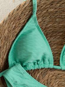 Swim Mod 2026 Spring/Summer Women's Polka Dot Print Halter Neck Swimsuit With High Cut Bottoms, 2 Pieces Set Ribbed Aqua Bikini Turquoise Bikini Bikini Set Vacation Teal Bikini Bikini - Blue - View 5