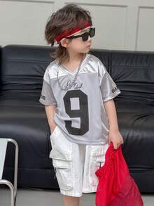 DAZY Boys' V-Neck Letter & Number Print Casual Versatile Daily Wear Short Sleeve T-Shirt Spring - Grey - View 1