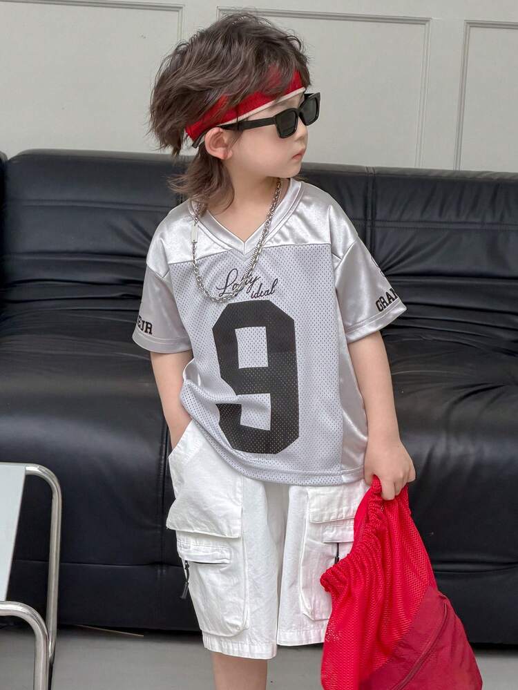 Young Boys' V-Neck Letter & Number Print Casual Versatile Daily Wear Short Sleeve T-Shirt Spring Summer