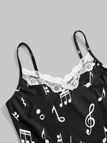 ROMWE Bộ 3 món áo hai dây ôm sát người, viền ren, in hình nốt nhạc và bàn phím piano phong cách Y2K cổ điển. - Đen và trắng - Xem 3