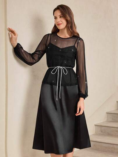 Miaspire 女士圆领长袖薄纱时尚两件套