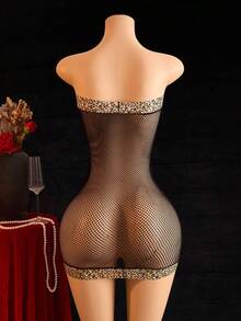 Sexy Fishnet Chemise With Leopard Print Details, "Chase The Night" Design For Alluring Nighttime Dates - Black - View 2