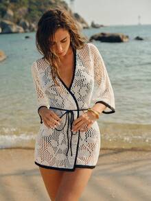 Swim Chiccia Áo khoác ngoài kiểu kimono cổ chữ V khoét sâu dành cho nữ, thích hợp đi biển, mùa xuân/hè. - trắng - Xem 4