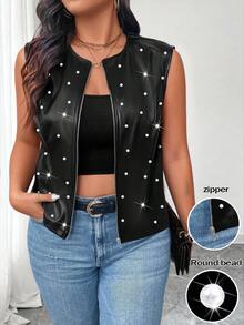 Elenzga 大码女式PU皮无袖夹克，圆领，铆钉装饰，拉链设计，简约时尚