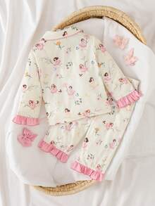 SHEIN 2件套女婴可爱休闲粉色蝴蝶结荷叶边长袖T恤和松紧腰裤套装