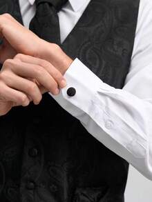 Officeau Men Waistcoat Black Paisley Vest Tie Handkerchief Cufflinks Set Wedding Formal Casual