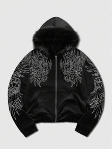 ROMWE MEN Street Life Spring Casual Graphic Men'S Printed Long Sleeve Zip-Up Hooded Sweatshirt With Fur Collar - Black - View 3