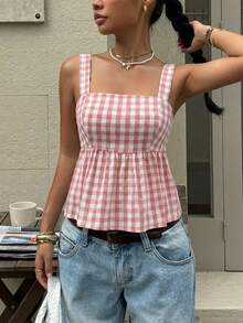 Serisse Camiseta de tirantes con volantes y lazo en la espalda a cuadros para mujer - Rosa - Ver 3