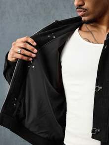 ROMWE MEN Street Life Men's Corduroy Raglan Sleeve Metal Button Collar Jacket - Black - View 10